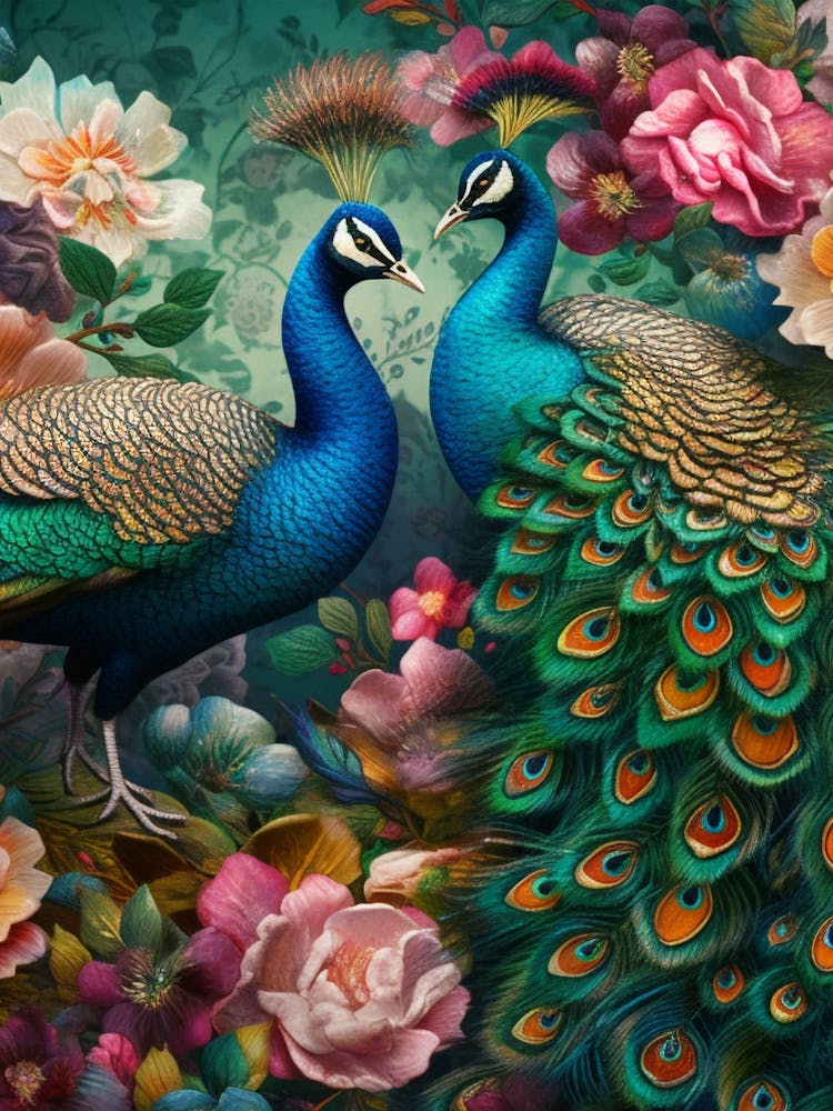 Peacocks And Flowers