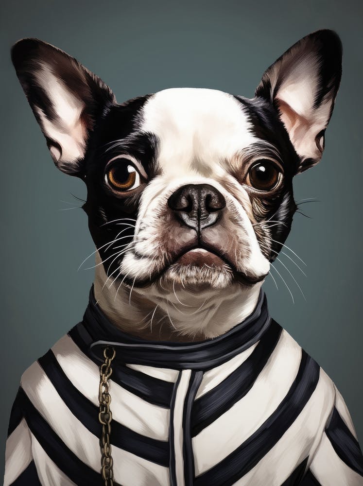 Französische Bulldogge in gestreifter Uniform