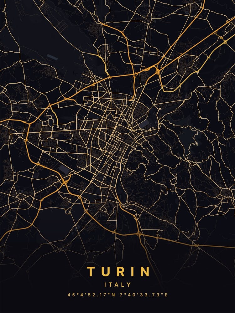 Turin Italy Black And Gold Map