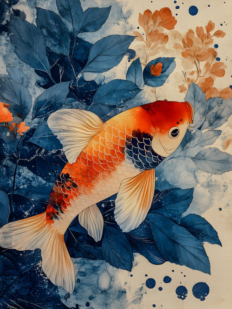 Vibrant Koi Fish in Serene Blue Watercolor Art - Japanese Inspired Nature Scene