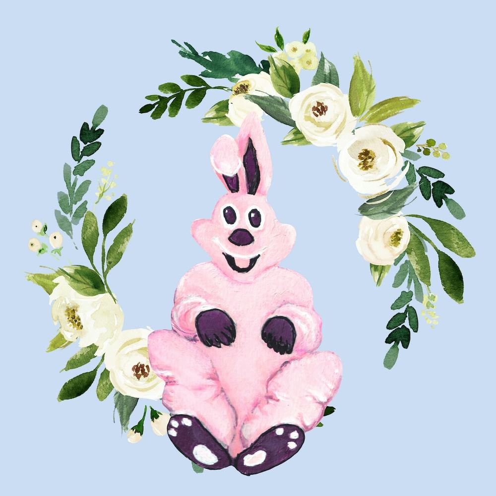 Rosa Hase und Blumenkranz Quadrat