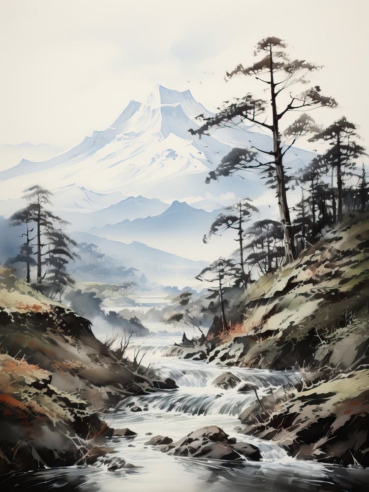 The Japanese Alps In Multiple Prefectures, Japanese Brush Painting, Ukiyo E, Minimal 2