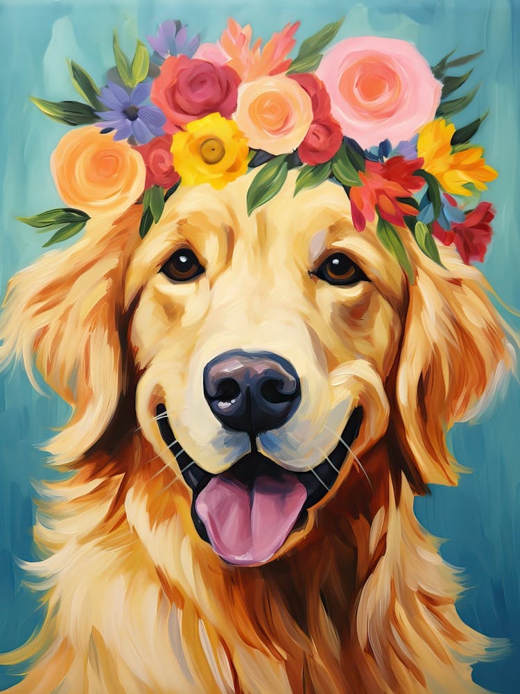 Golden Retriever Portrait With A Flower Crown, Matisse Painting Style 1