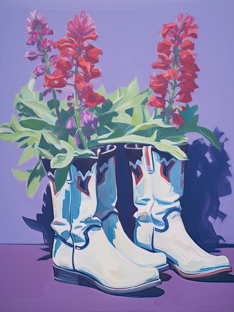 A Painting Of Cowboy Boots With Snapdragon Flowers, Fauvist Style, Still Life 3