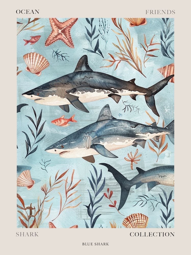 Pastel Blue Shark Watercolour Seascape Pattern 5 Poster