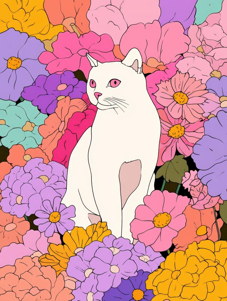 Weiße Katze in Blumen 7