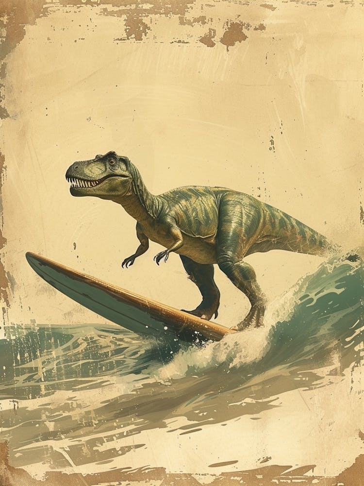 Vintage Giganotosaurus Dinosaur On A Surf Board 3