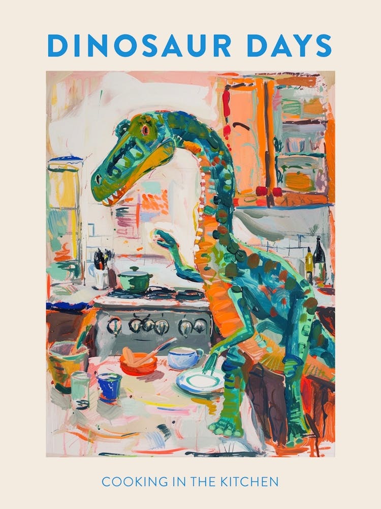 Dinosaur Cooking In The Kitchen Blue Orange Poster 3
