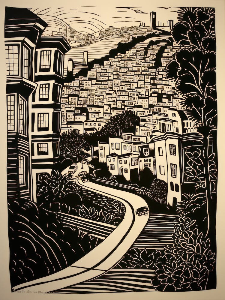 Lombard Street San Francisco Linocut Illustration Style 3