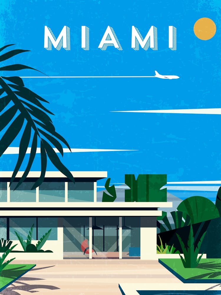 Miami, USA (Hiroshi Nagai style/pop-art style/City pop) — Retro travel minimalist poster