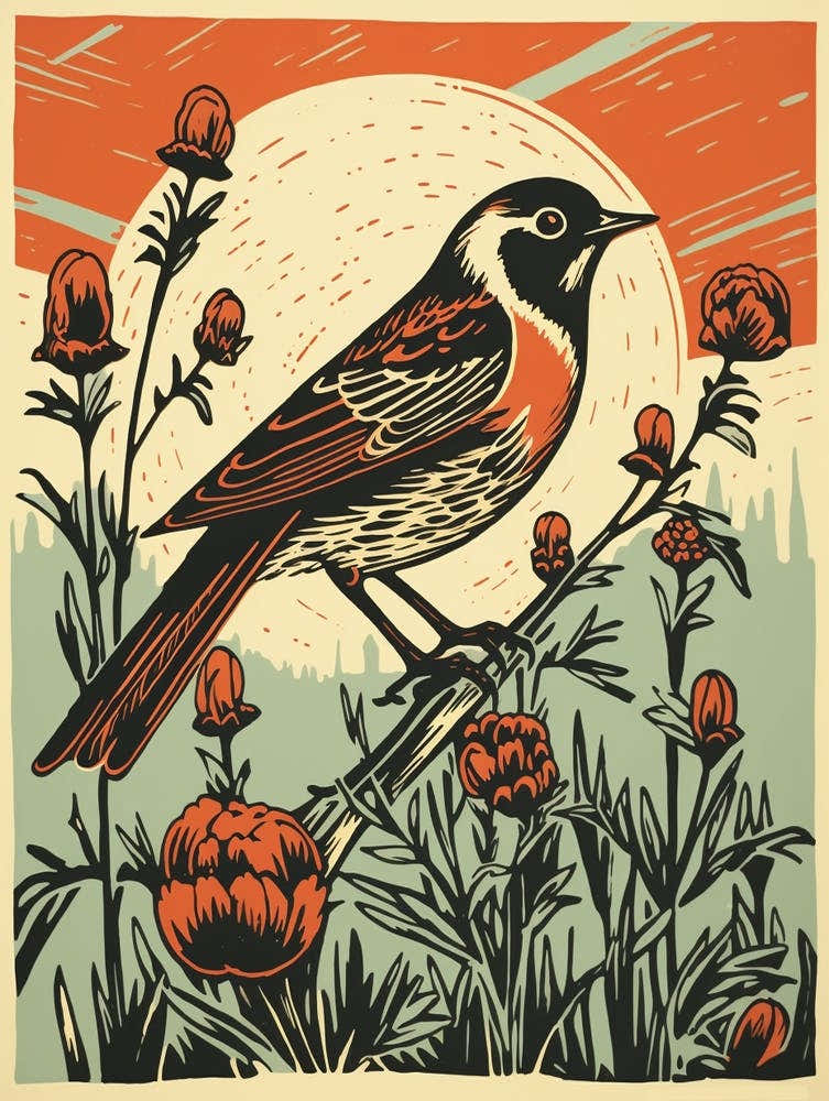Vintage Bird Linocut Lark 1