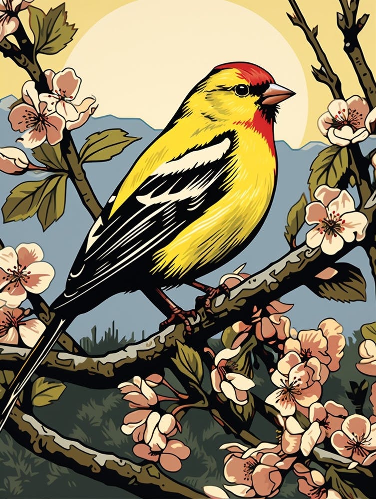 Vintage Bird Linocut American Goldfinch 1