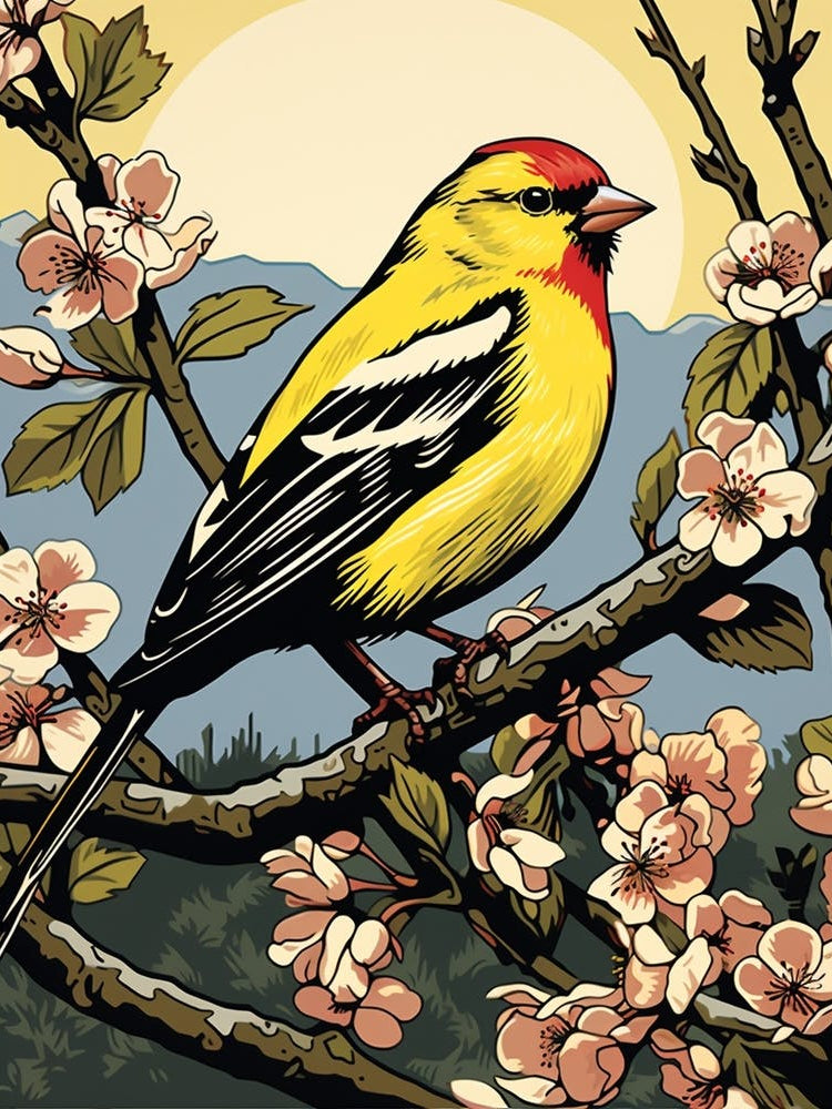 Vintage Bird Linocut American Goldfinch 1