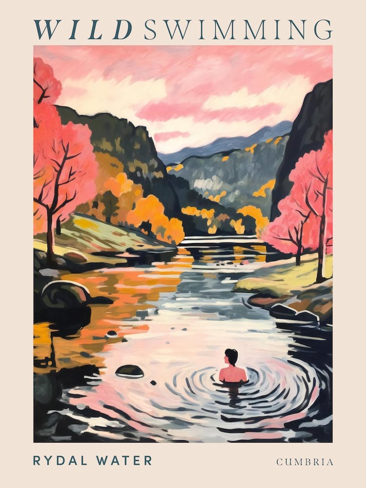 Wild Swimming At Rydal Water Cumbria 3 Poster
