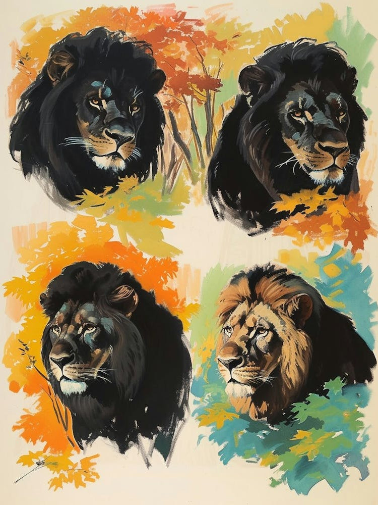 Black Lion Lion In Different Seasons Fauvist Painting 4