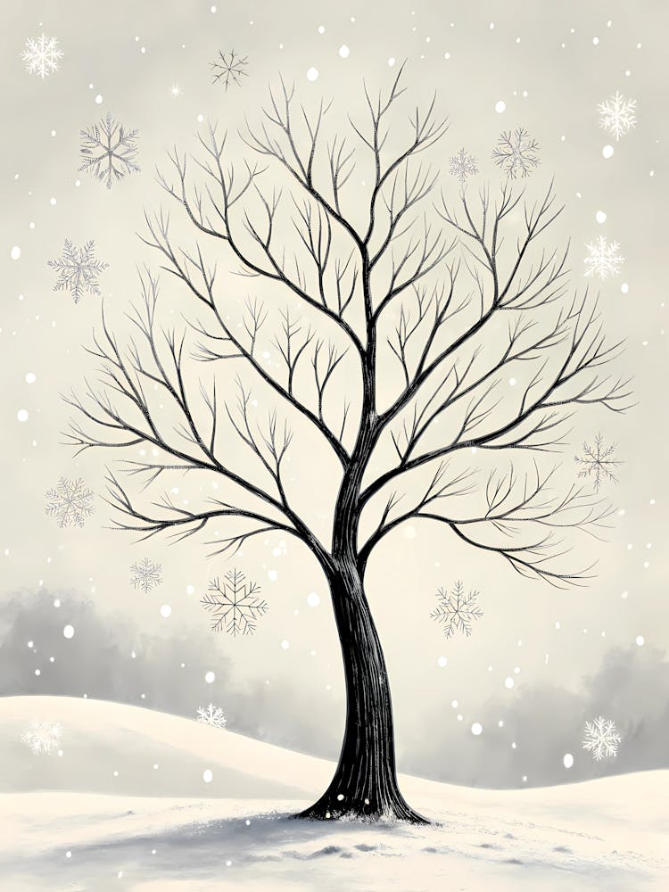 Minimalist Ink Sketch Of Bare Tree In Winter Wit