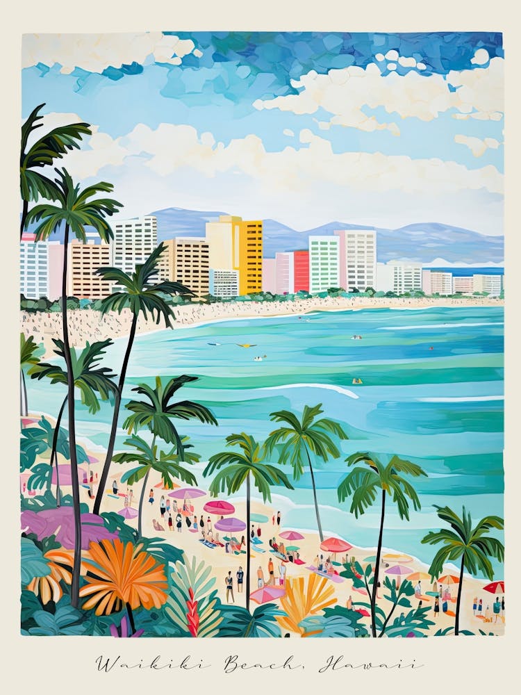 Poster Of Waikiki Beach, Honolulu, Hawaii, Matisse And Rousseau Style 1