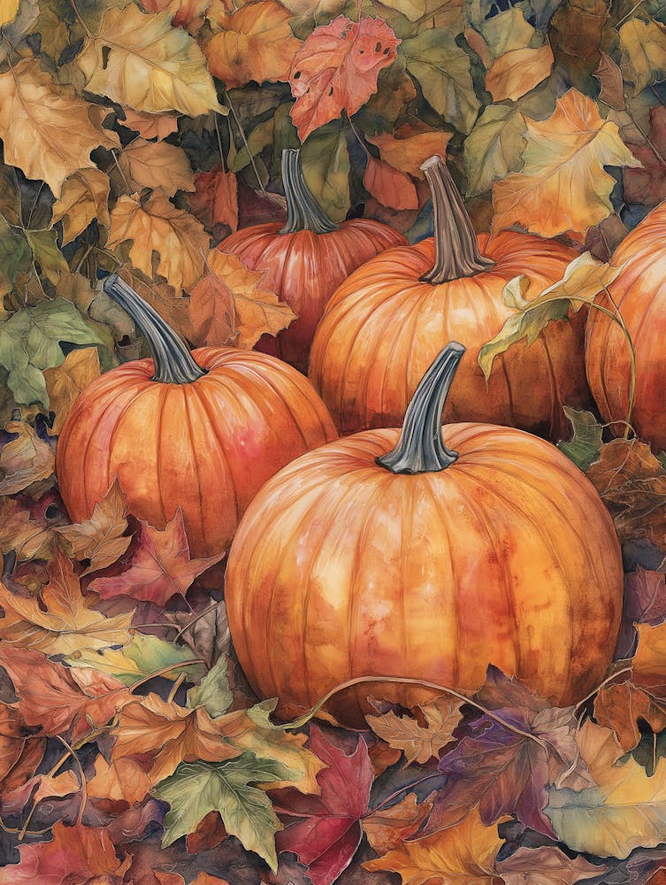 Watercolor Painting Of Pumpkins Autumn Fall