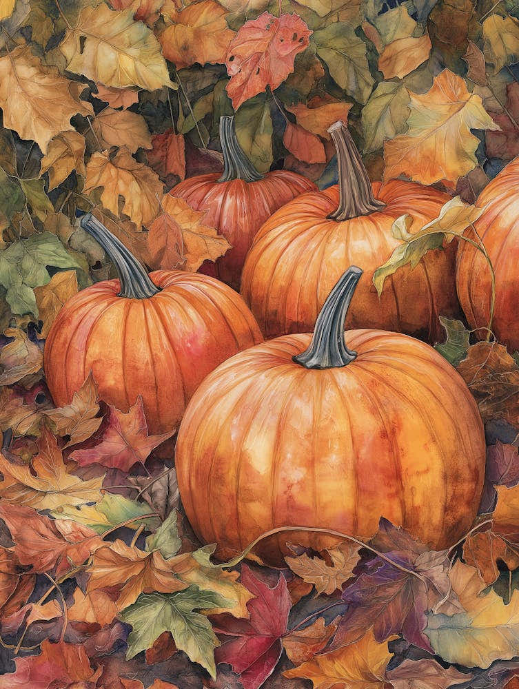 Watercolor Painting Of Pumpkins Autumn Fall