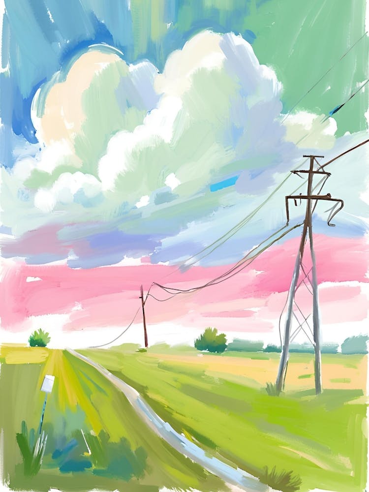 Watercolor Landscape With Power Lines And Clouds