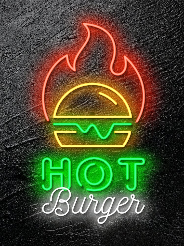 Hot burger — Neon food sign, Food kitchen poster, photo art