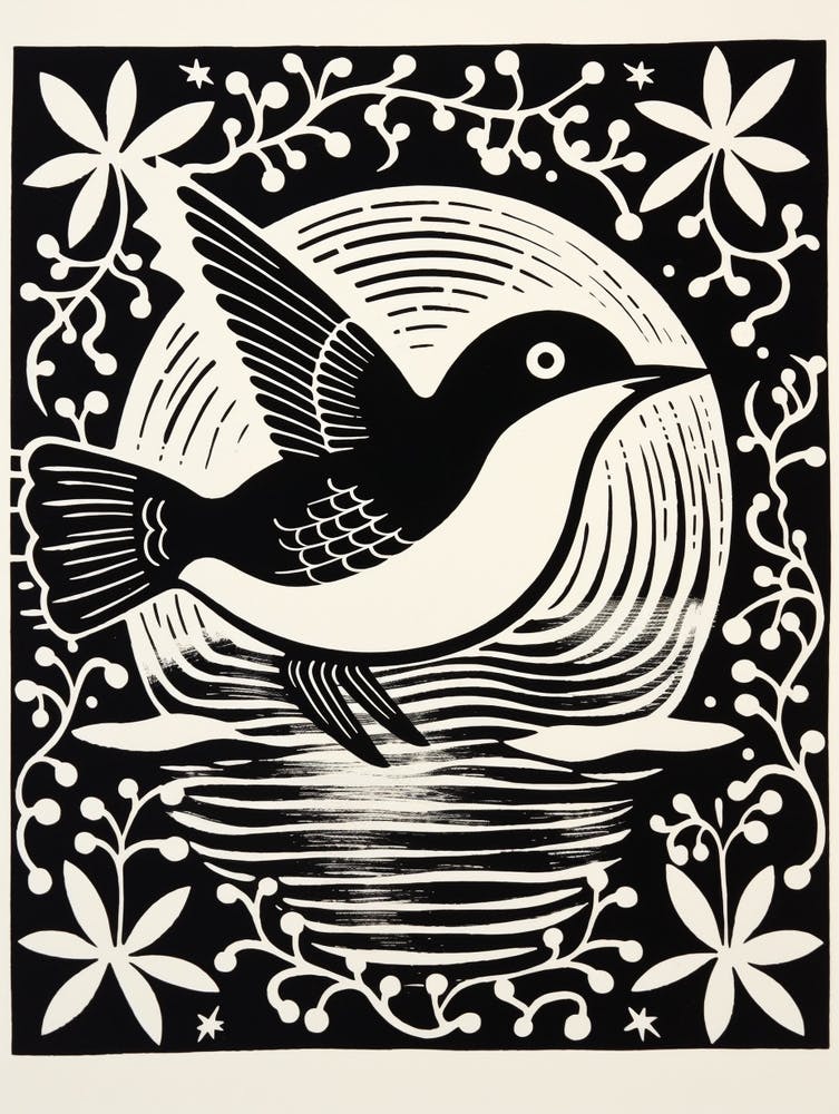 B&W Bird Linocut Dipper 4