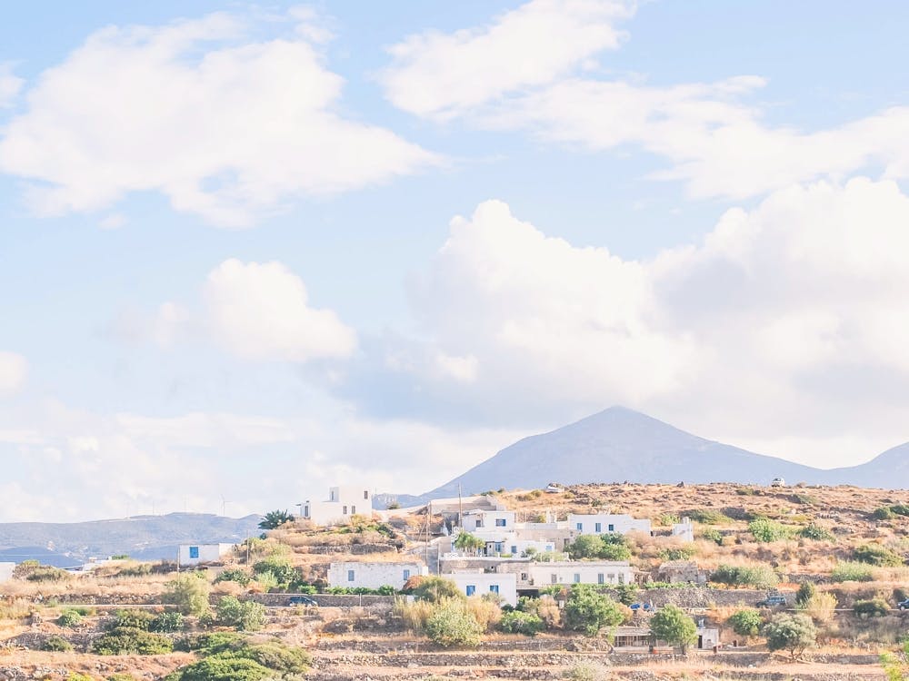 Milos, Greece I Panoramic mountain view to the wild nature, boho aesthetic of the Cyclades islands pastel summer style with fine art photography and retro vintage postcard like Santorini or Mykonos