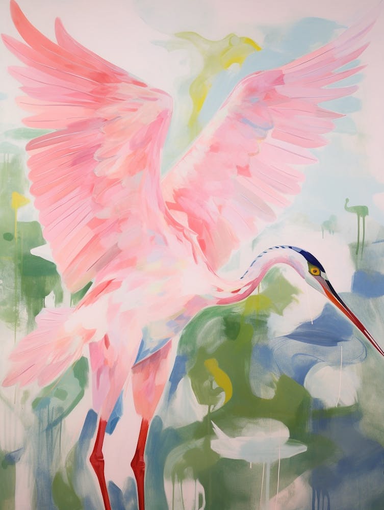 Pink Ethereal Bird Painting Great Blue Heron