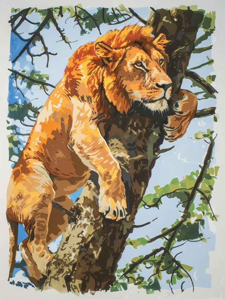 Masai Lion Climbing A Tree Fauvist Painting 1