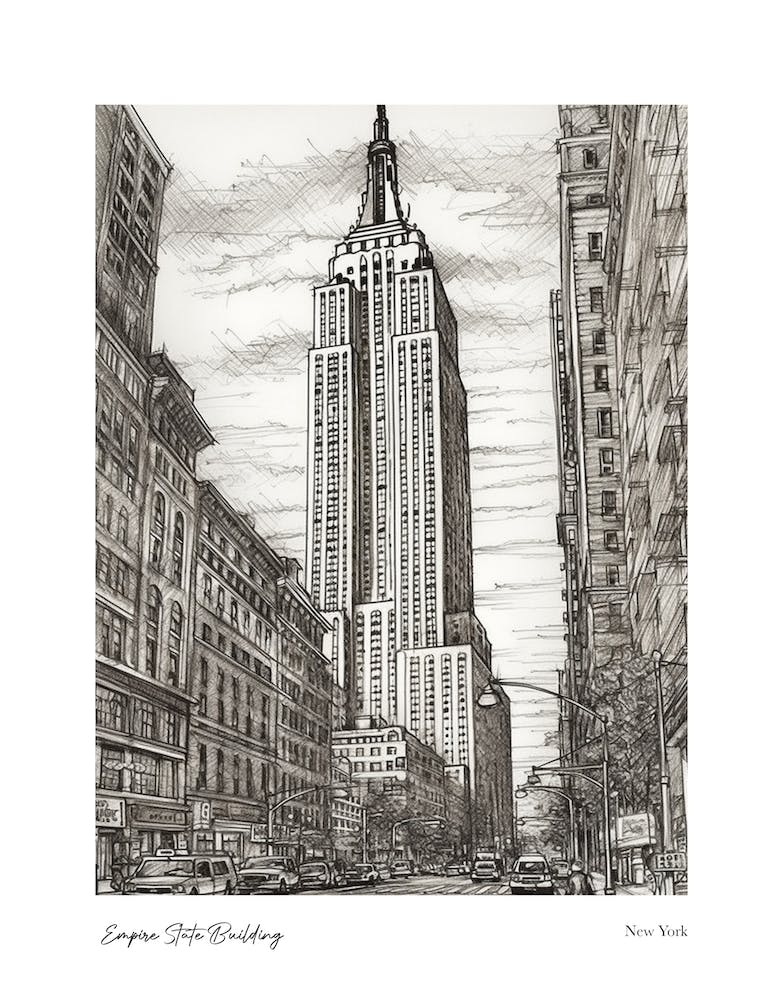 Empire State Building  New York Pencil Sketch 1 Watercolour Travel Poster