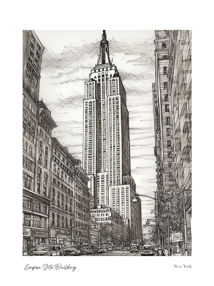 Empire State Building  New York Pencil Sketch 1 Watercolour Travel Poster