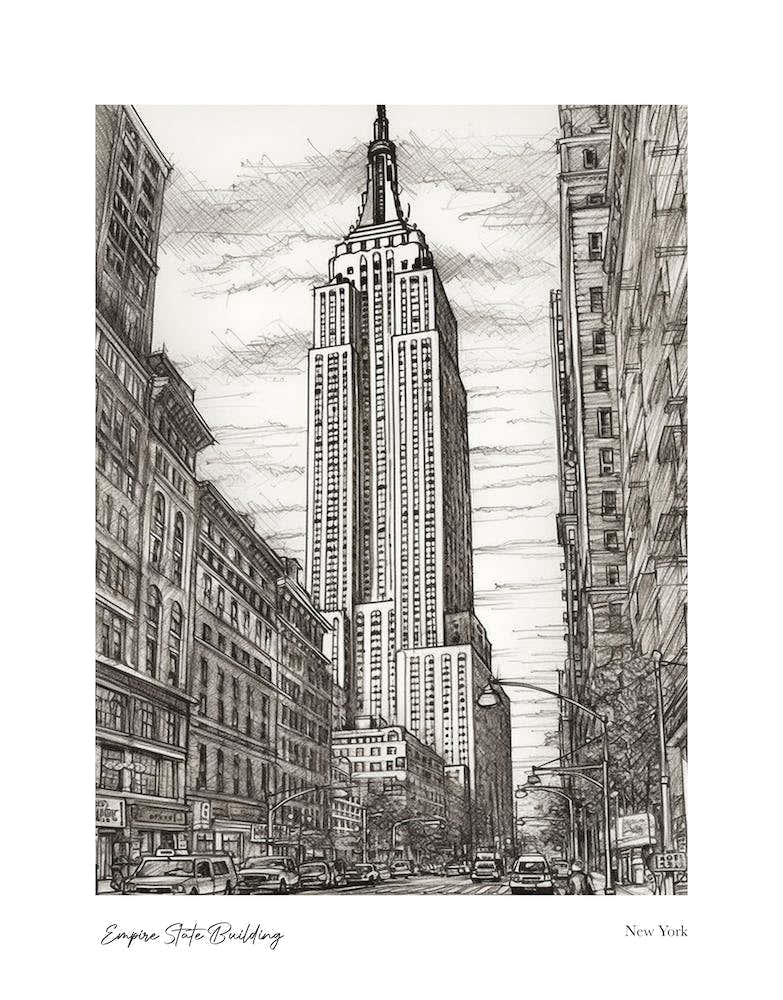 Empire State Building  New York Pencil Sketch 1 Watercolour Travel Poster