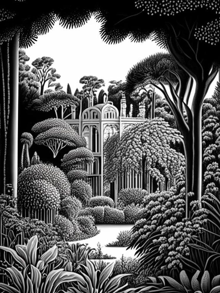 Giardini Botanici Villa Taranto, 1, Italy Linocut Black And White Vintage