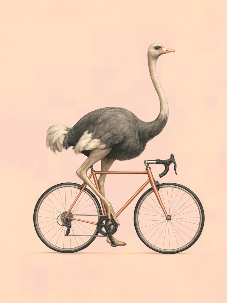 Cycling Ostrich – Surreal Funny Bird on a Bike: Zooming on a bicycle with feathers flying – this surreal ostrich brings speed and humor to any space. A pastel-colored poster for children’s rooms that blends cycling fun with cute bird charm and minimal sty