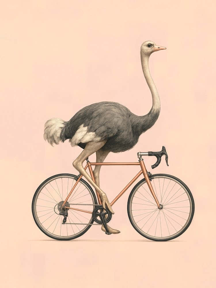 Cycling Ostrich – Surreal Funny Bird on a Bike: Zooming on a bicycle with feathers flying – this surreal ostrich brings speed and humor to any space. A pastel-colored poster for children’s rooms that blends cycling fun with cute bird charm and minimal sty