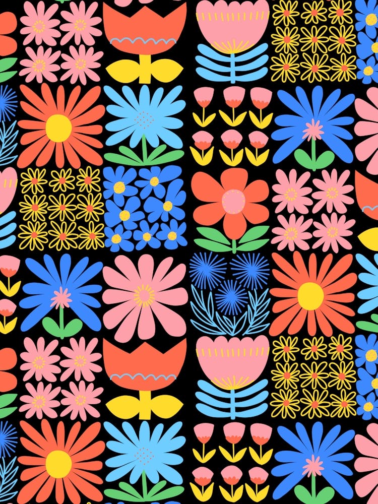 Modern Floral Folk Art Bold Flower Squares Bright Rainbow