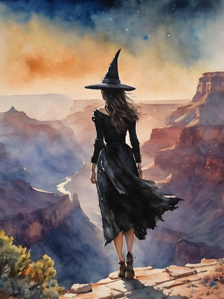 A Witch At The Grand Canyon ~ A Witch Travels Arizona Pagan Witchy Watercolour Gothic Fantasy Artwork Flying Witchcraft