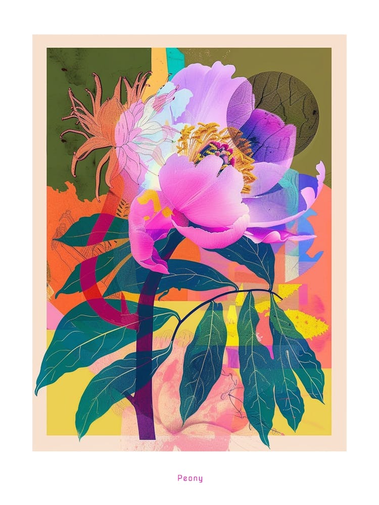Peony 4 Neon Flower Collage Poster
