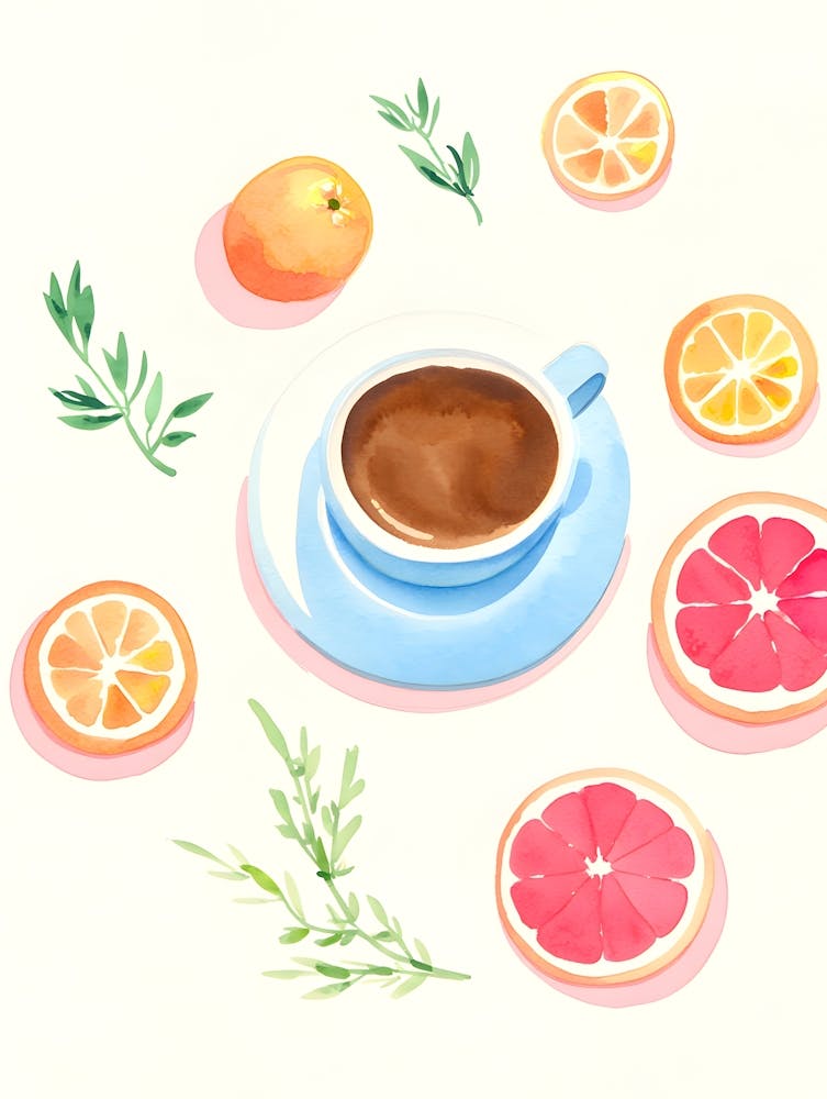 Whimsical Illustration of a Coffee Cup with Citrus Fruits and Herbs