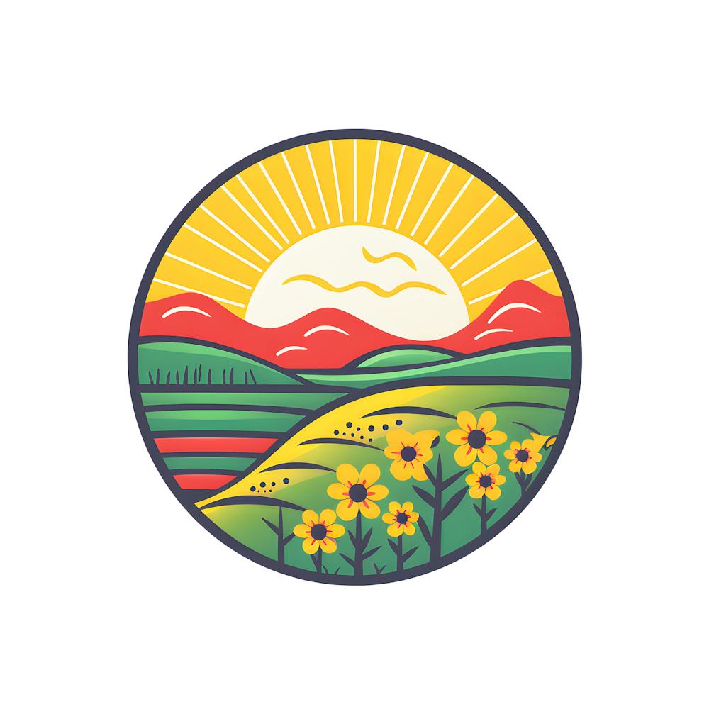 Farm Logo Landscape Sunshine Flowers Nature Outdoors Vibrant Cheery Bright Isolated Icon