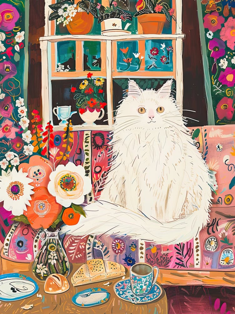 Tea Time With A White Fluffy Cat 4