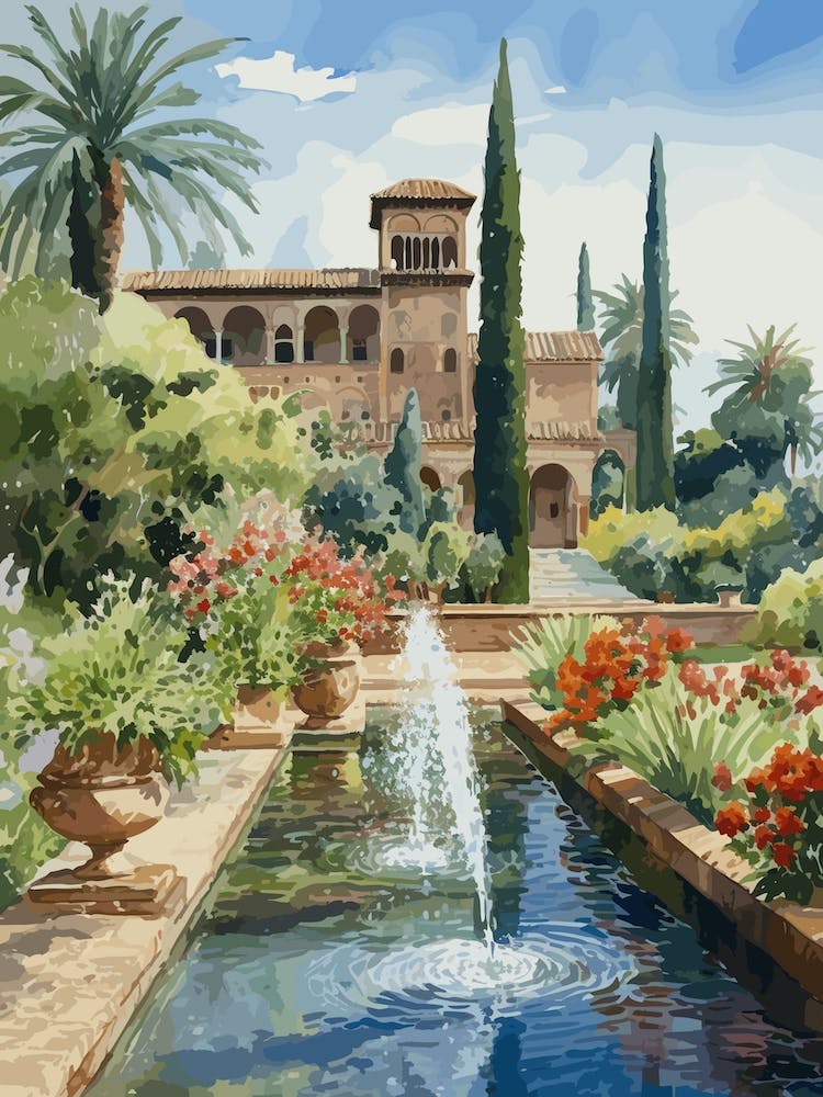 Gardens Of Alhambra Spain Watercolour 2