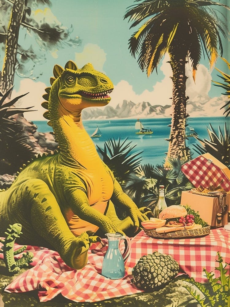 Dinosaur Having A Picnic Retro Collage 1