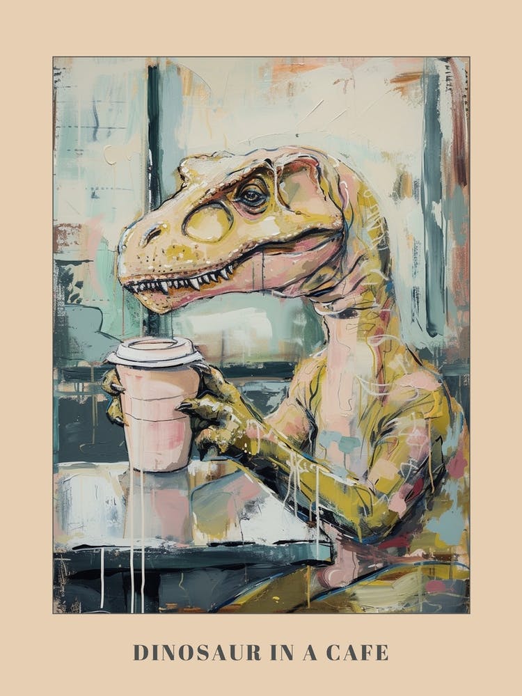 Graffiti Style Dinosaur Drinking A Coffee In A Cafe 2 Poster