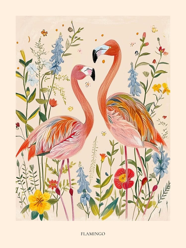 Folksy Floral Animal Drawing Flamingo 2 Poster