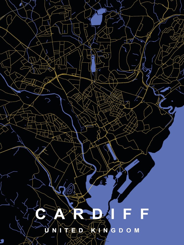 Cardiff City Map Black and Gold