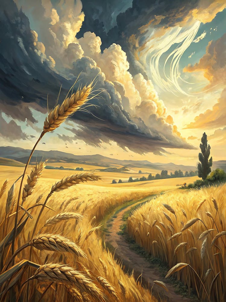 Oil Painting Style Wheat Fields Under Dramatic Sky