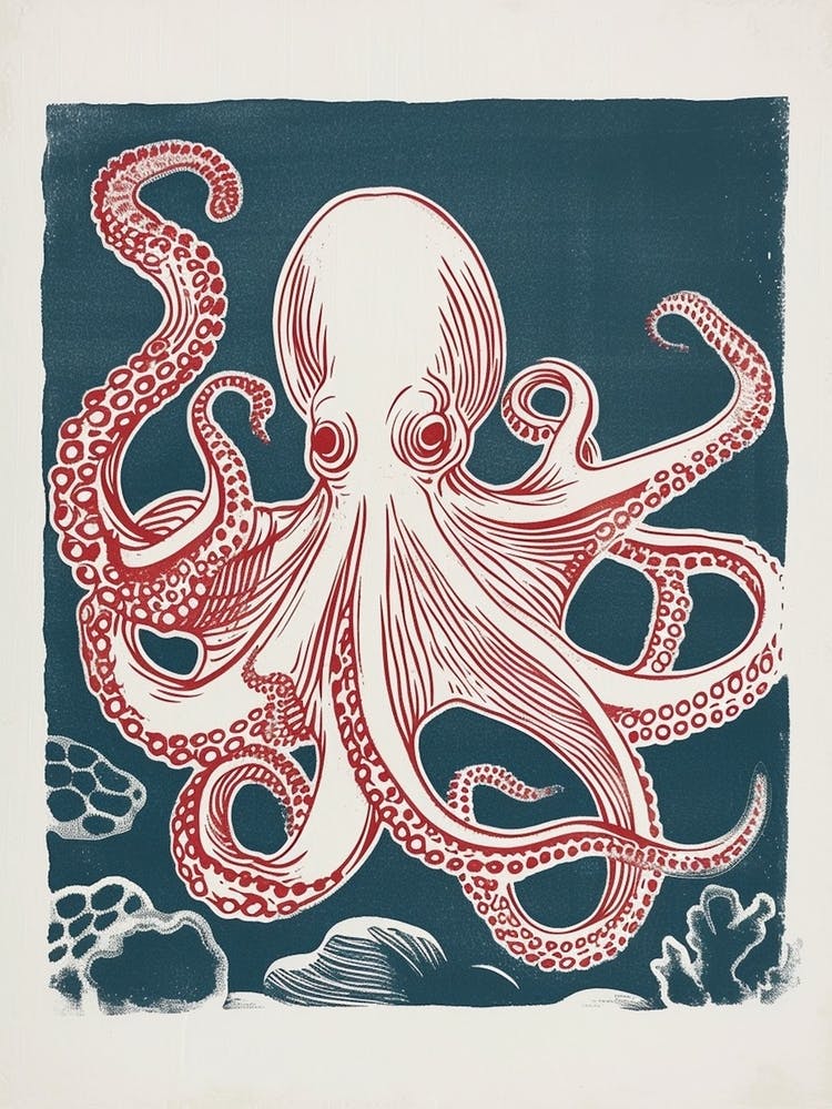 Red Octopus In The Ocean Linocut Inspired  1