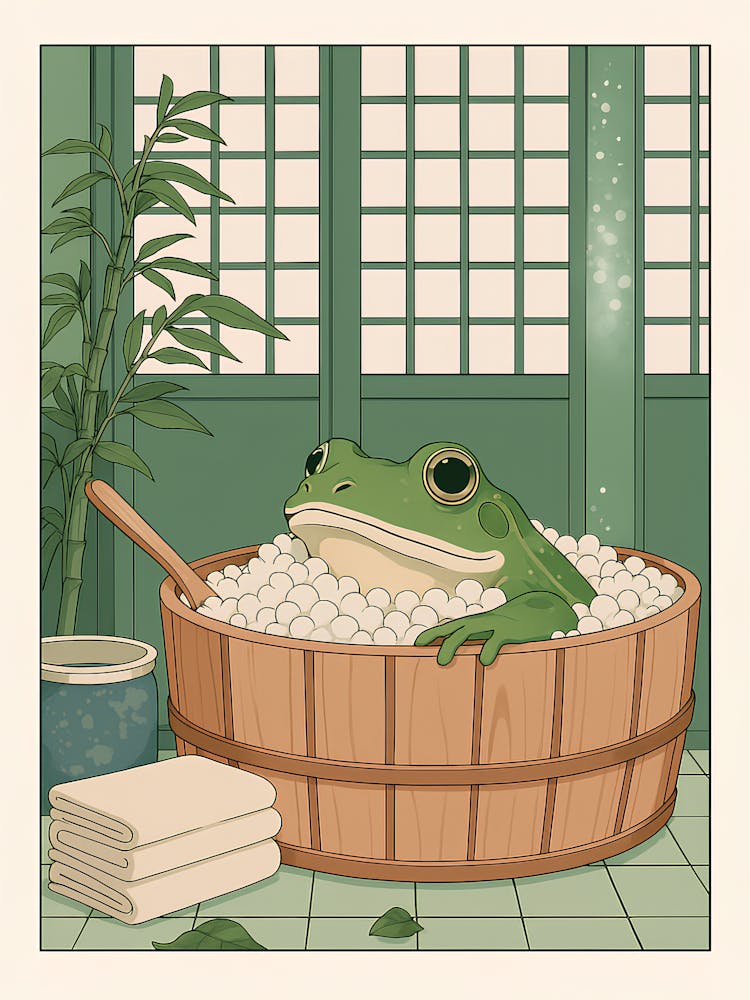 Japanese Frog In A Bathtub Print, Japanese Bathroom Wall Art, Japandi Art, Relaxing Poster, Japanese Wall Decor