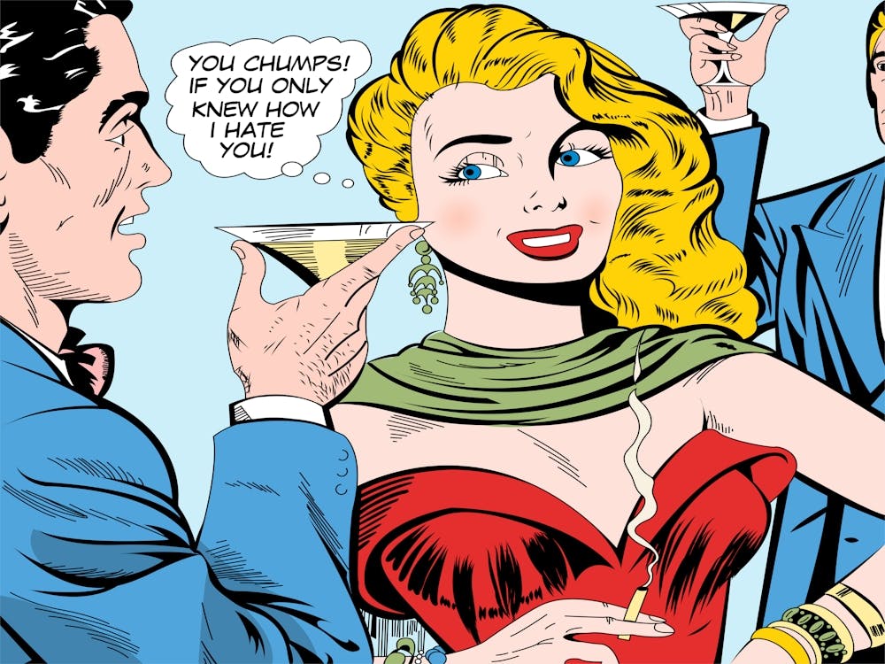 Sexy Pop Art Girl In Red Dress with Admirers